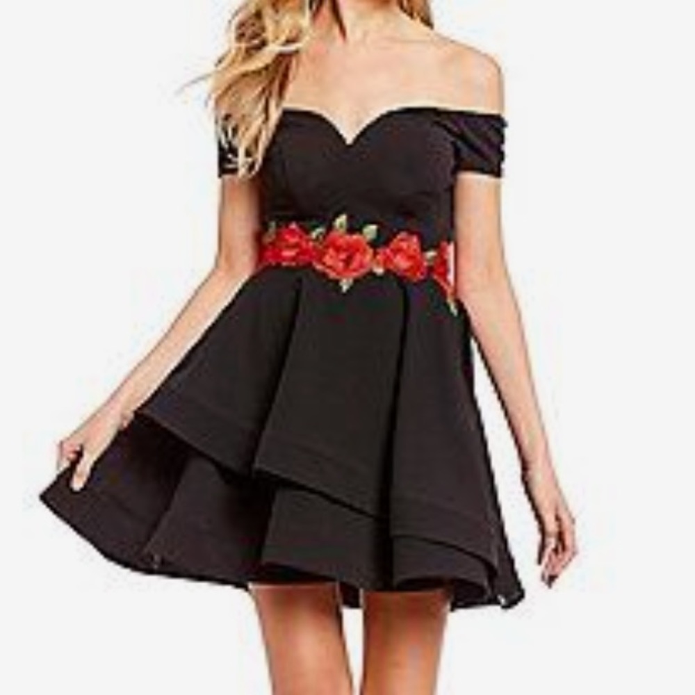 B. Darlin Black Off-Shoulder Rose Embroidered Dress
